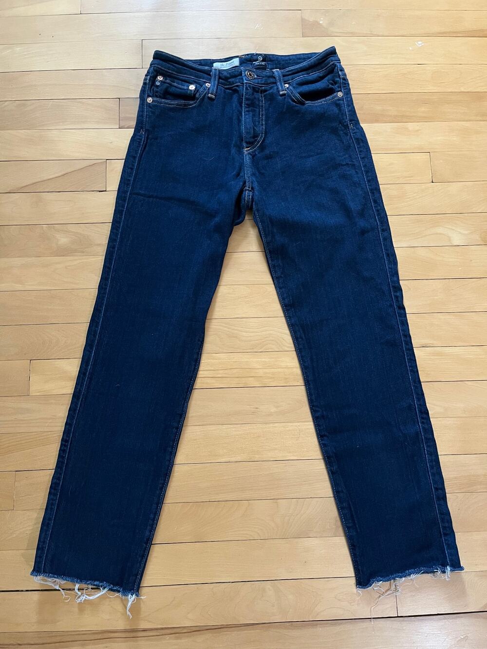AG The Prima Mid-Rise Cigarette Jeans 28R Soft Stretch Raw Hem Dark Wash EUC
